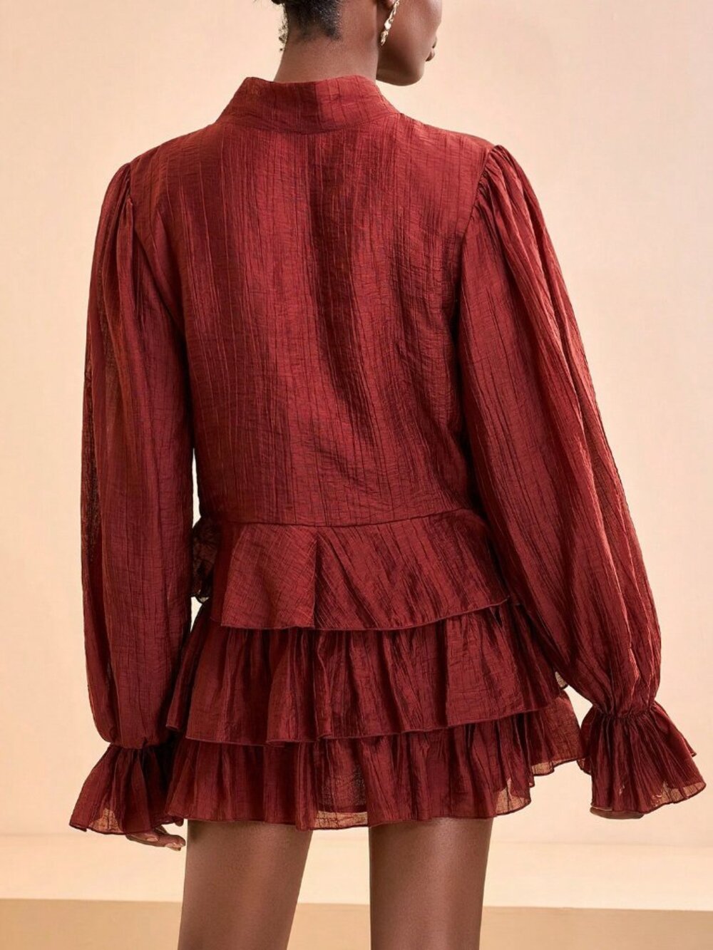 Rust Brown Boho Women's Mini Dress with Sleeves and Ruffle Details - Picture 2 of 6